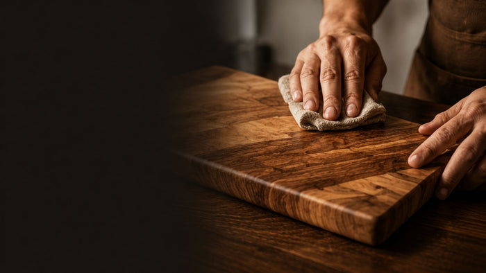 Hands applying wood care balm