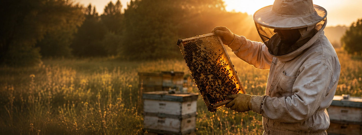Beekeeper holding a honeycomb frame with bees in an outdoor setting