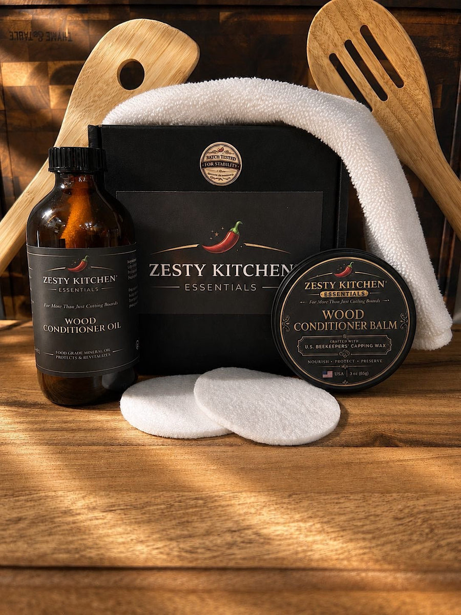 Premium Wood Oil & Wax Conditioner Kit – Food Grade Wood Conditioner (4oz Oil + 3oz Balm) - Zesty Kitchen