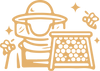 Illustration of a beekeeper with a beehive and honeycomb, surrounded by bees and honeycombs.