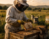 Beekeeper inspecting honeycomb in a field with bee hives.