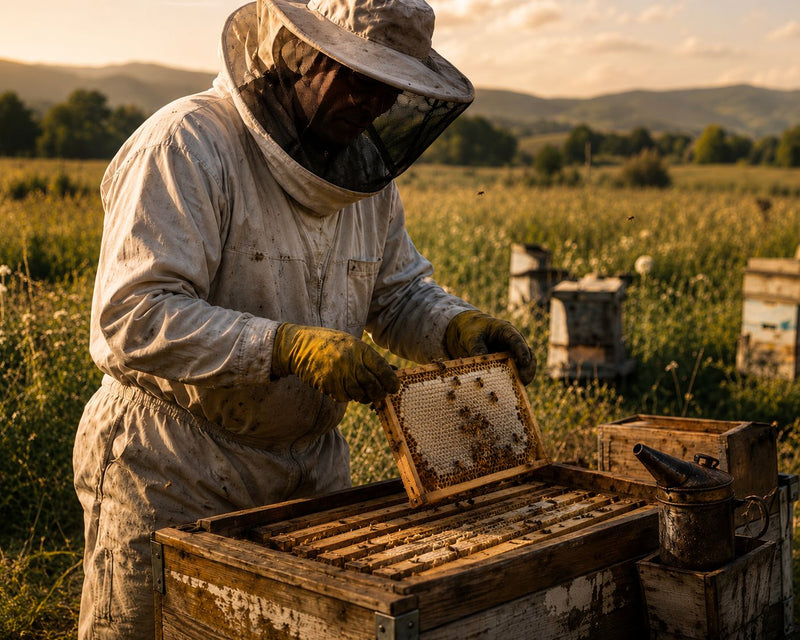 Beekeeper inspecting honeycomb in a field with bee hives.