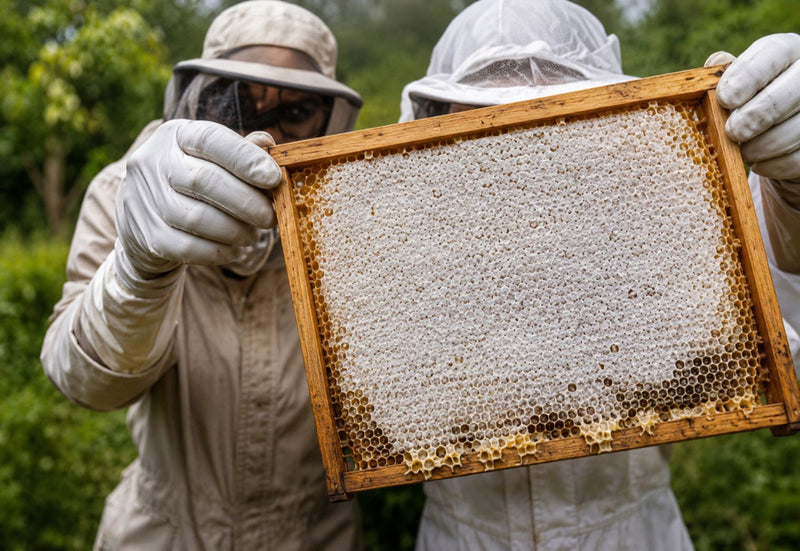 Two beekeepers in protective gear holding a frame of honeycomb with bees.