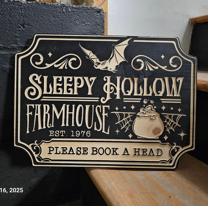 Sleepy Hollow Farmhouse sign — another example of Joshua’s decorative CNC work and layout style.