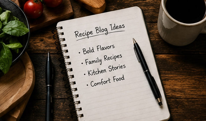 Notebook with recipe blog ideas on a wooden table with a cup of coffee and kitchen items.
