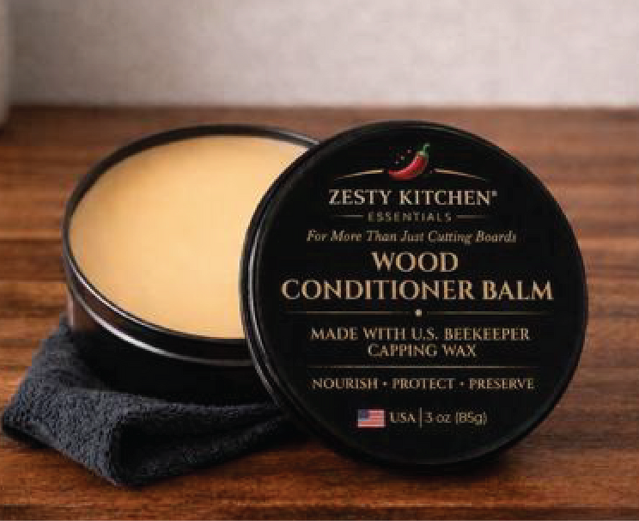 Zesty Kitchen Wood Conditioner Balm on a wooden surface with a neutral background