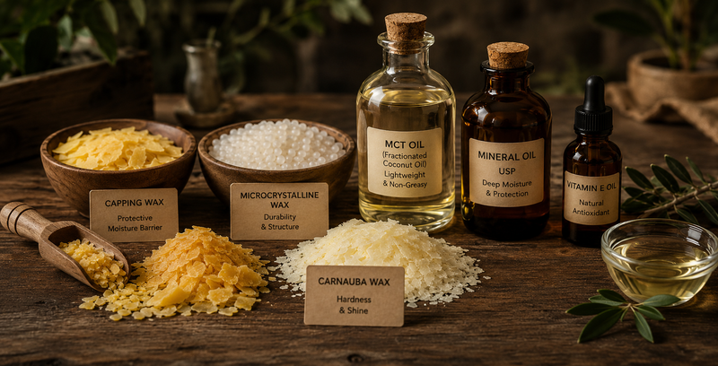 Assorted wax and oil products on a wooden surface with labels.