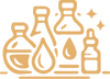 Illustrations of various bottles and droppers in a stylized design on a white background.