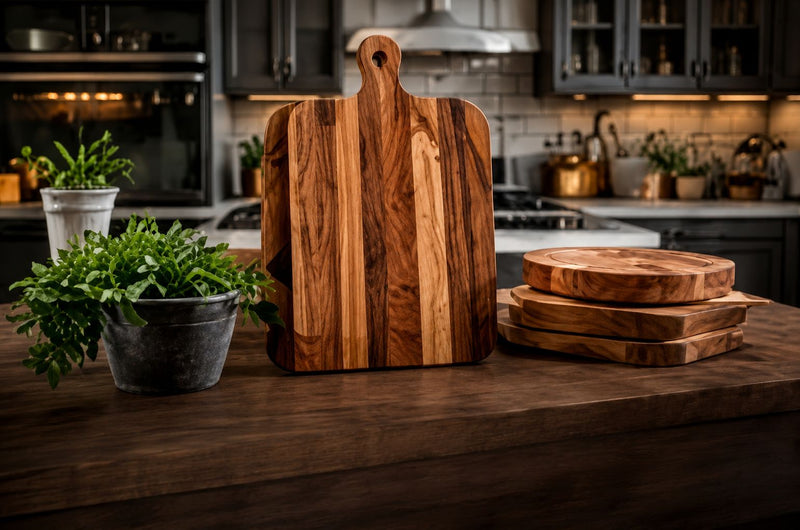 Wooden cutting boards on a kitchen counter with plants and kitchen appliances in the background.