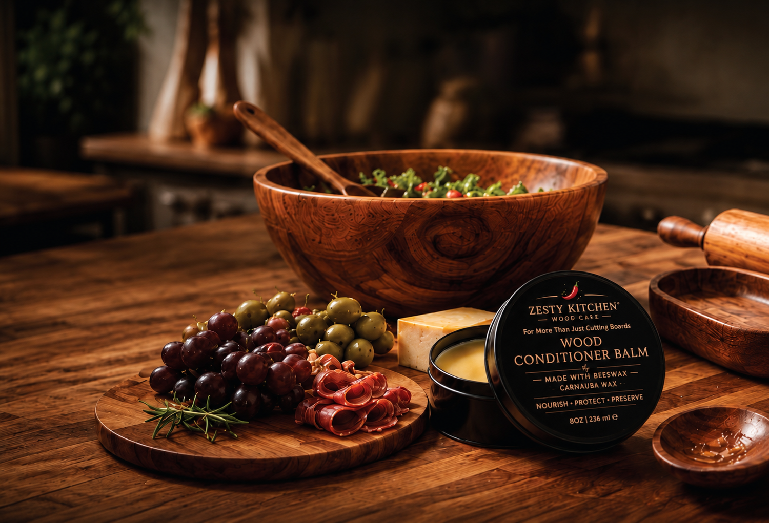 Wooden bowl, platter with fruits and meats, and 'Zesty Kitchen' product on a wooden surface.