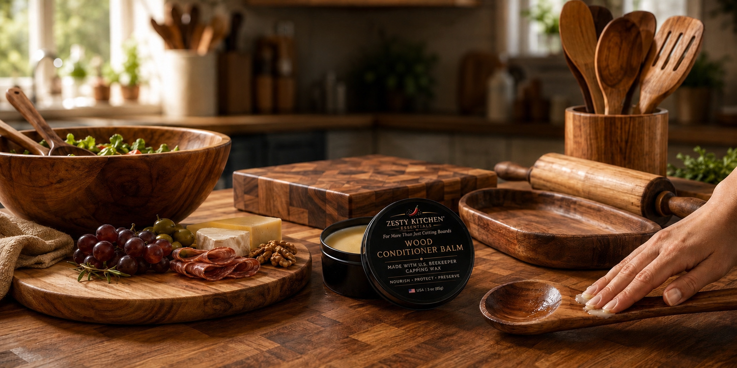 Wooden kitchen items including bowls, cutting boards, and a jar on a wooden table.