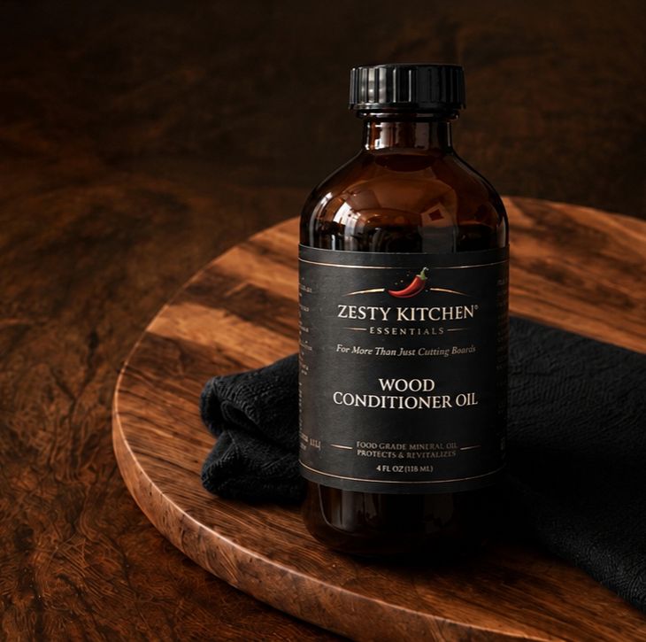 Bottle of Zesty Kitchen Wood Conditioner Oil on a wooden surface